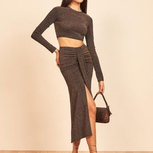 NWT Reformation Zion Two Piece Black Shimmer Crop Top and Skirt (Small)